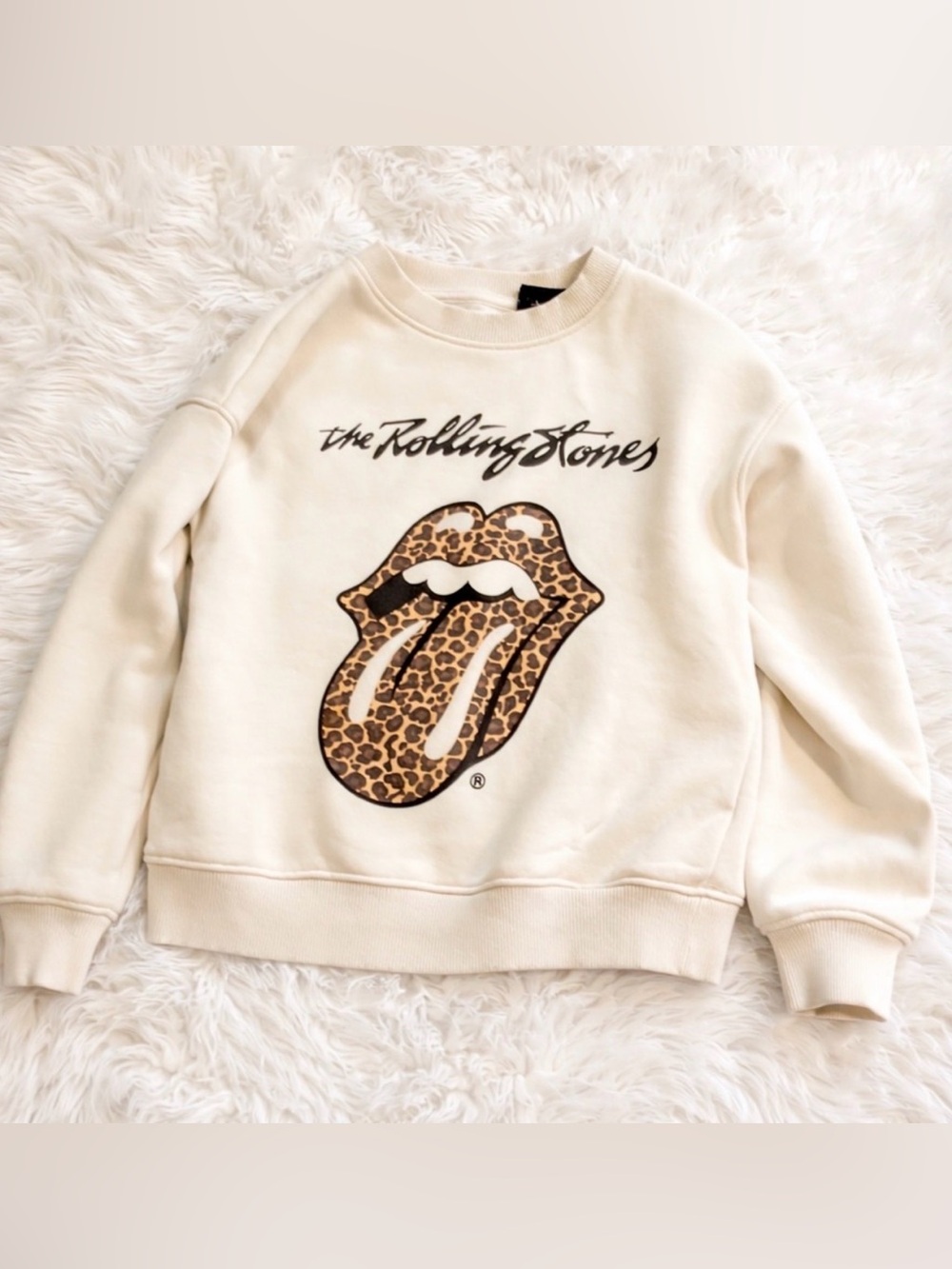 The Rolling Stones Cream Sweatshirt with Leopard Tongue Graphic